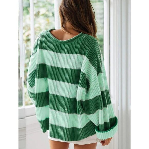 Women's Pullover Drop Shoulder Long Sleeve Retro Stripe Dark Green Fall Sweater - Picture 3 of 3